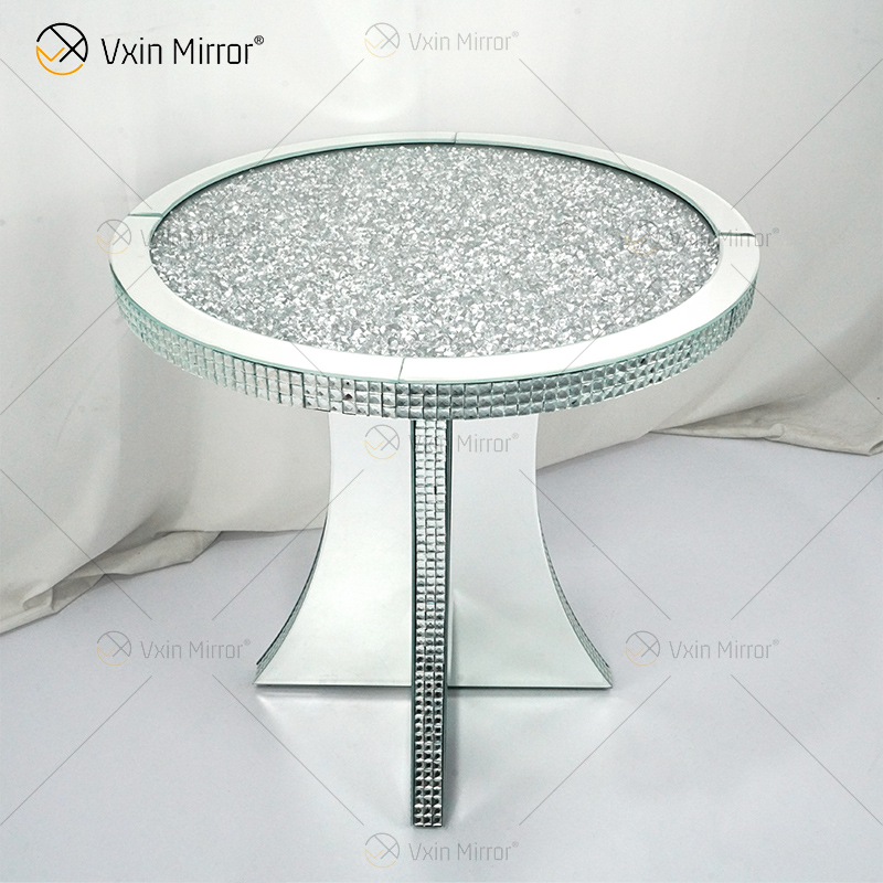 Pasillo de lujo, gabinete de espejo de cristal de diamante triturado, mesita de noche redonda plateada con espejo, sofás, mesa de centro, muebles, WXF-145