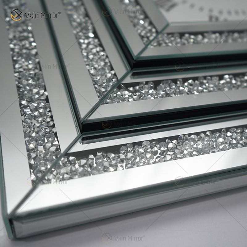 Gran oferta, reloj con espejo, WXMC-078, diamante triturado, decoración de pared plateada, reloj cuadrado elegante