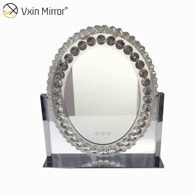 Espejo de tocador de mesa de Hollywood táctil regulable con cristal de diamante decorativo ovalado WXDL-175