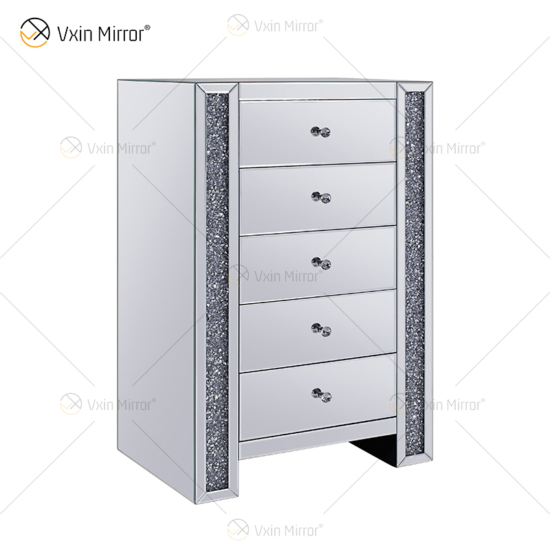 Modern Europe WXF-719 Tollboy de cinco cajones, marco de diamante triturado plateado, mesita de noche con espejo