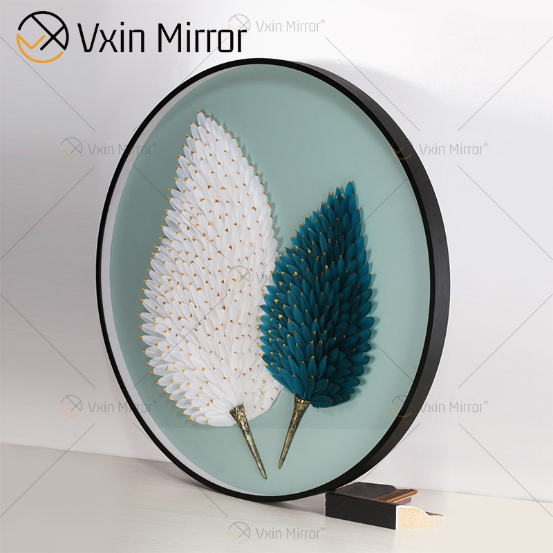 Venta al por mayor, minimalismo moderno, pintura blanca y azul, arte de pared de cristal redondo de lujo en la sala de estar, arte de pared con espejo