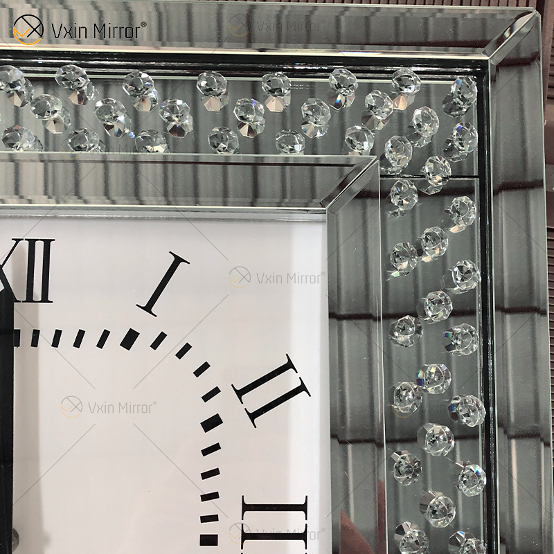 Barato WXMC-003 reloj espejo moderno reloj de pared de espejo de diamante machacado decorativo plateado