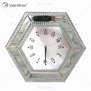 Gran oferta, reloj con espejo moderno, reloj con espejo hexagonal plateado, decoración de diamantes triturados, reloj de pared con espejo