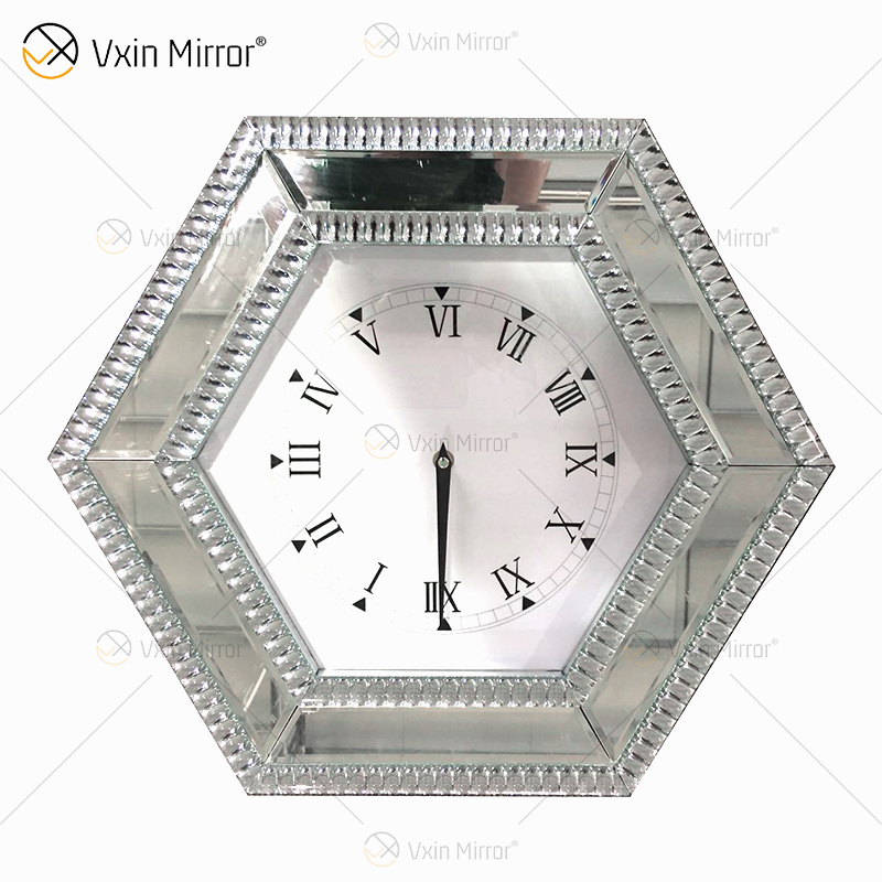 Gran oferta, reloj con espejo moderno, reloj con espejo hexagonal plateado, decoración de diamantes triturados, reloj de pared con espejo