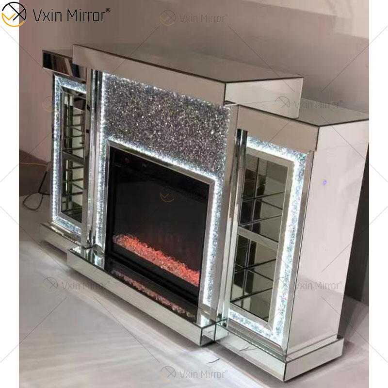 Chimenea de espejo de salón de cristal plateado LED multicolor con cajones