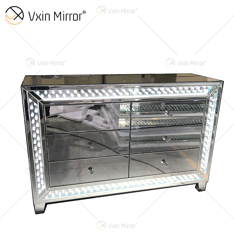WXM-1176&WXF-2139 Conjunto de muebles LED Cuentas octogonales Espejo de maquillaje simple a la moda Gabinete con espejo 6 cajones