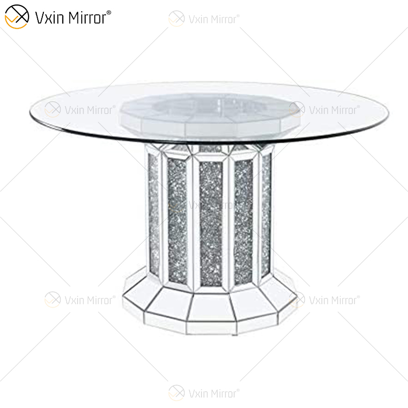2020 Nuevo diseño WXF-160 Mesa de comedor plateada redonda de diamante triturado con tablero de vidrio templado