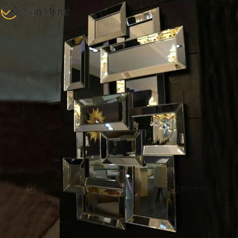 Suministro de fábrica, espejo de pared 3d, diseño de pegatina, WXM-1129, espejo de tocador de madera de pared elegante plateado