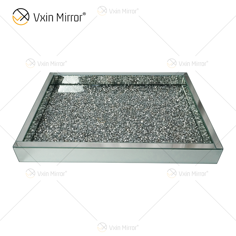 Suministro de fábrica WXMT-016 Bandeja rectangular con espejo de diamante triturado de plata con decoración moderna