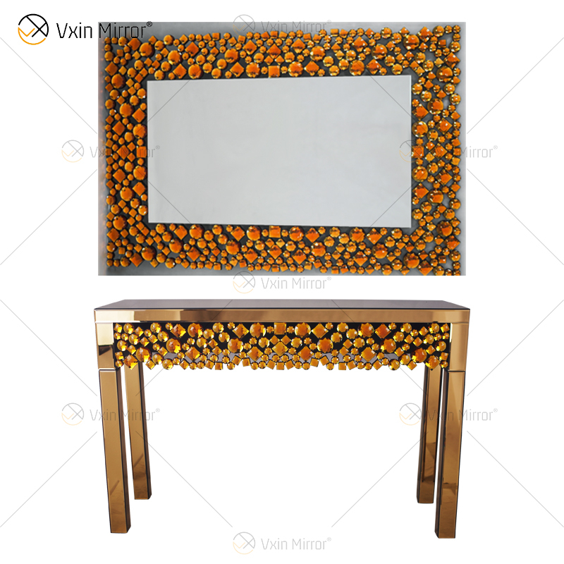 Pasillo de mesa de consola con espejo de diamante de cristal moderno plateado y marrón de alta calidad