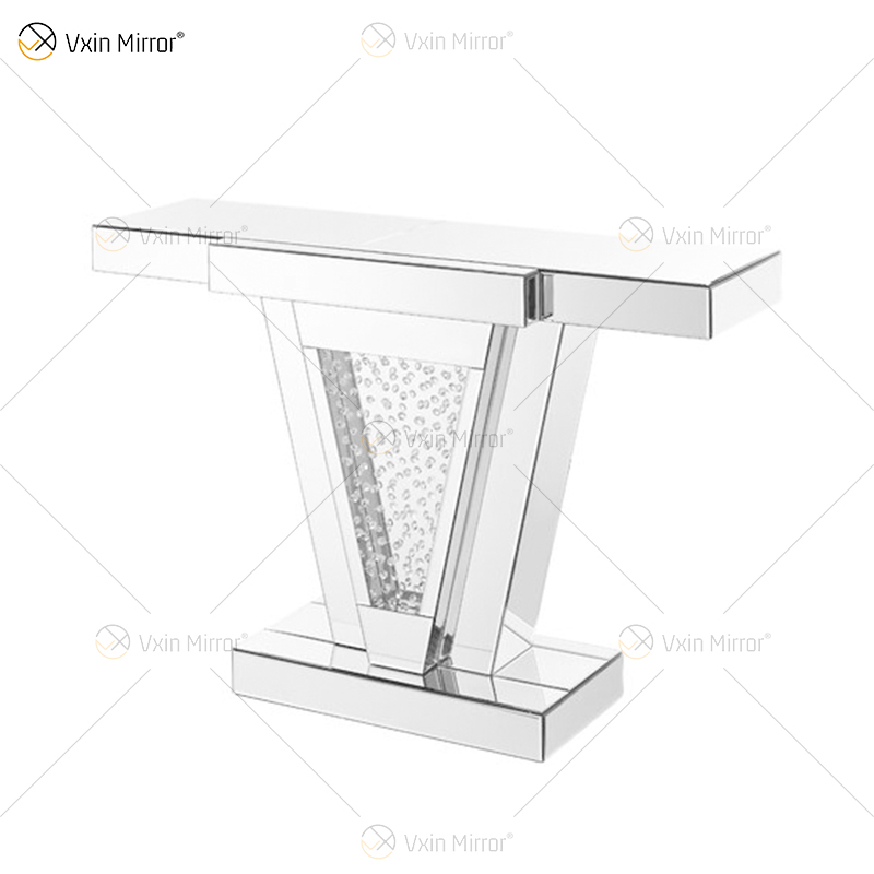 Venta al por mayor de alta calidad, mesa de consola con espejo, consola de mesa de entrada de pasillo de cristal de diamante triturado