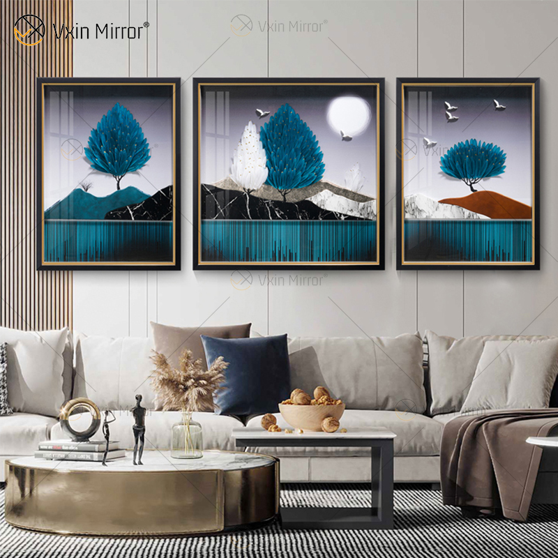 Estilo antiguo Vxin WXPA-003 árboles simples pintura enmarcada espejo pared arte pluma colgante imagen para sala de estar conjunto para la venta
