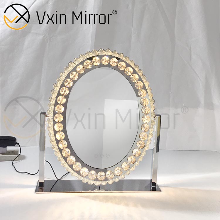 Espejo de tocador de mesa de Hollywood táctil regulable con cristal de diamante decorativo ovalado WXDL-175
