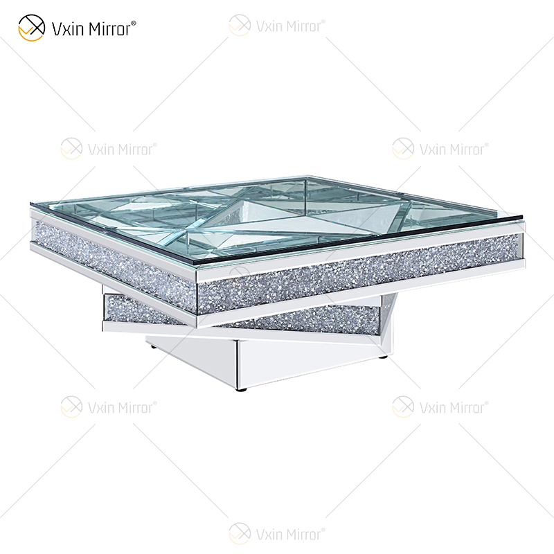 Vxin WXF-158 Mesa de centro con espejo cuadrado de diamante triturado brillante en 3D Mesa de vidrio templado plateado