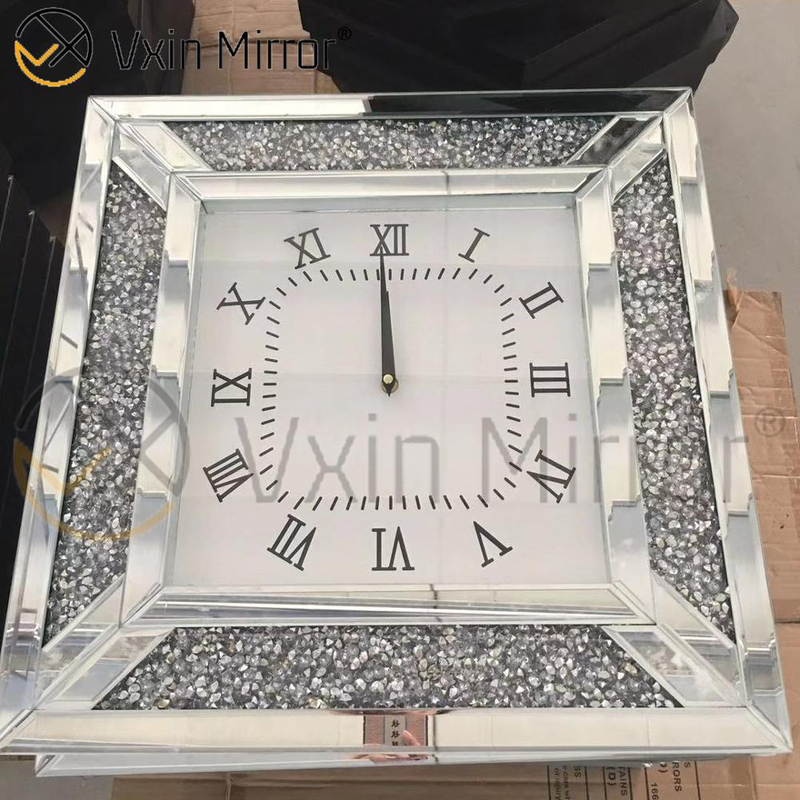 Reloj de pared de espejo de diamante triturado de plata moderno elegante de lujo