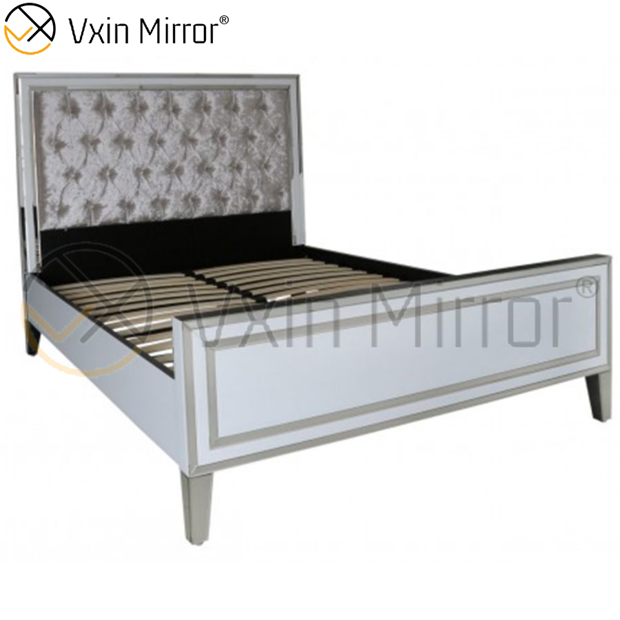 Muebles de suministro de fábrica WXF-785 Marco de plata Cama King con espejo de vidrio blanco
