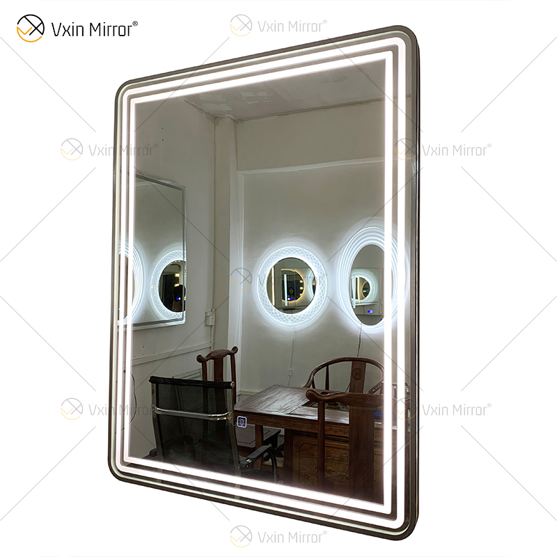 WXDL-121 LED Luz de 3 colores Fuente de alimentación a prueba de agua Marco plateado Espejo de protección ambiental sin cobre