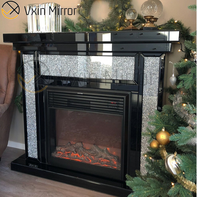 Chimenea eléctrica con espejo de marco negro de diamante triturado plateado para sofás de sala de estar WXWF-042-1