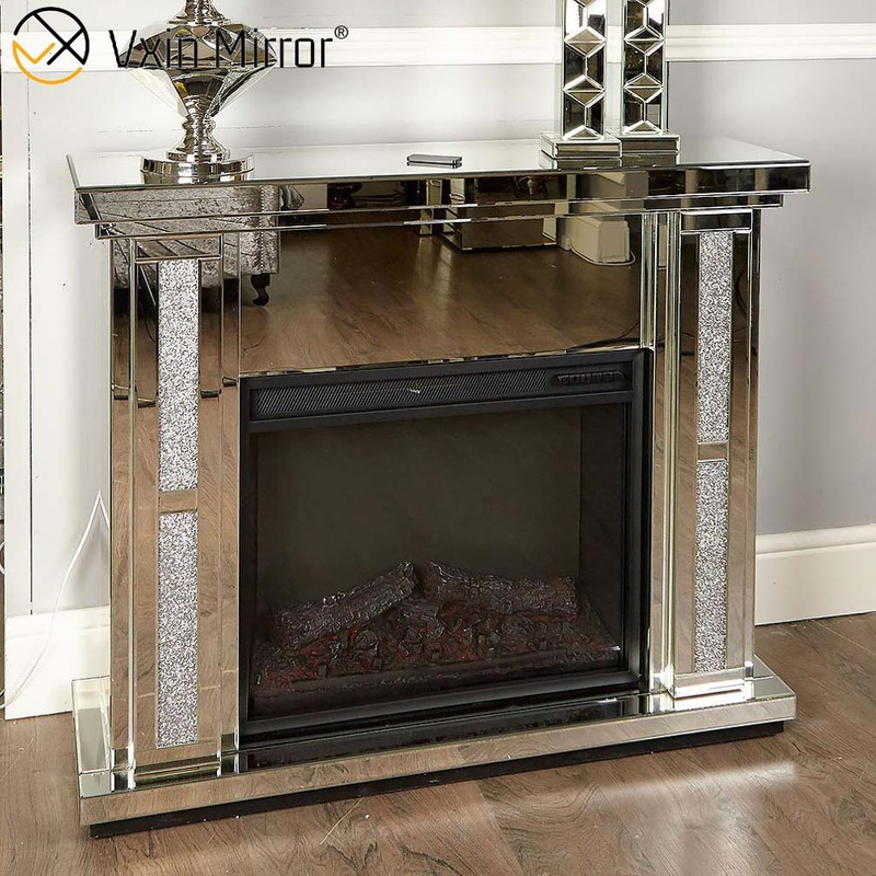 Chimenea de espejo de cristal de diamante triturado de lujo para decoración del hogar moderna con calentador en muebles de sala de estar WXWF-1098