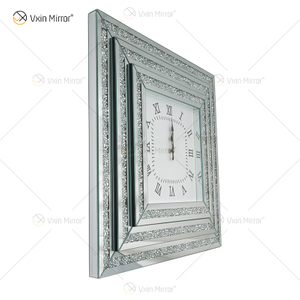 Gran oferta, reloj con espejo, WXMC-078, diamante triturado, decoración de pared plateada, reloj cuadrado elegante