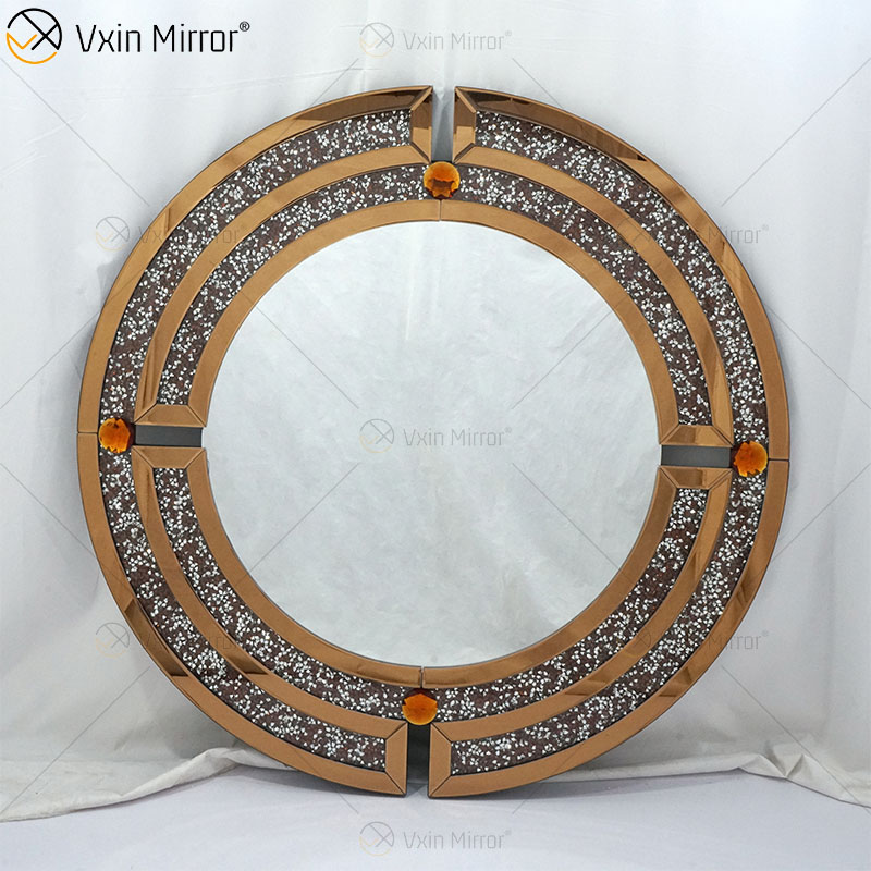 Venta al por mayor WXM-1130 Espejo de pared de diamante triturado redondo Espejo de pared de estilo de lujo marrón