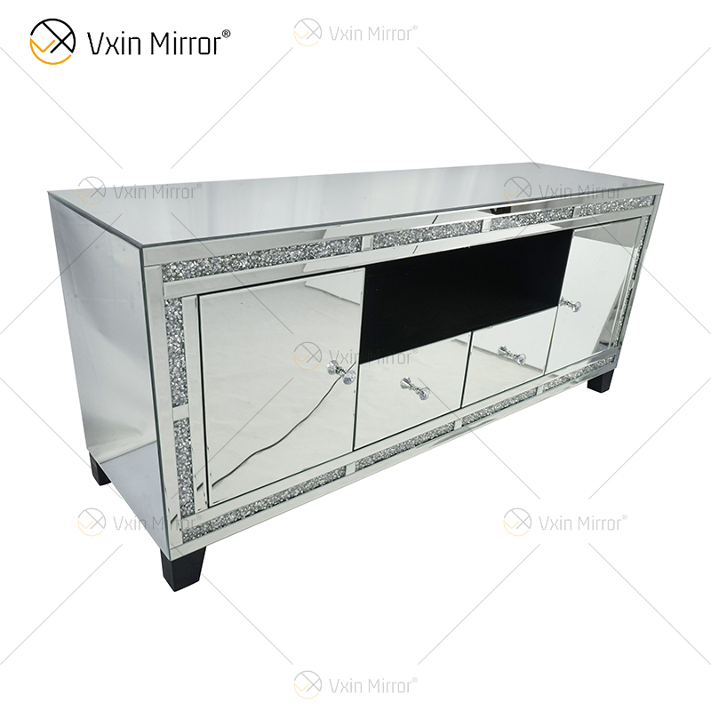Muebles de espejo Vxin, gabinete de TV de plata con diamantes aplastados, soportes de TV con espejo y 2 cajones