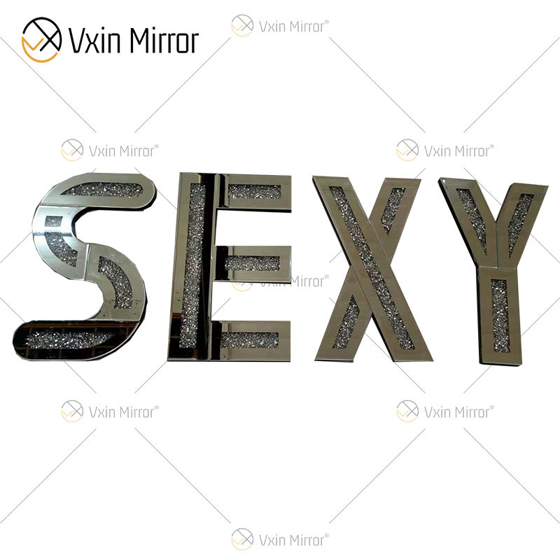 Espejo de diamantes de cristal triturado plateado con letras para colgar en la pared, espejo de decoración de amor con espejo de Navidad, arte de pared para muebles de sofá
