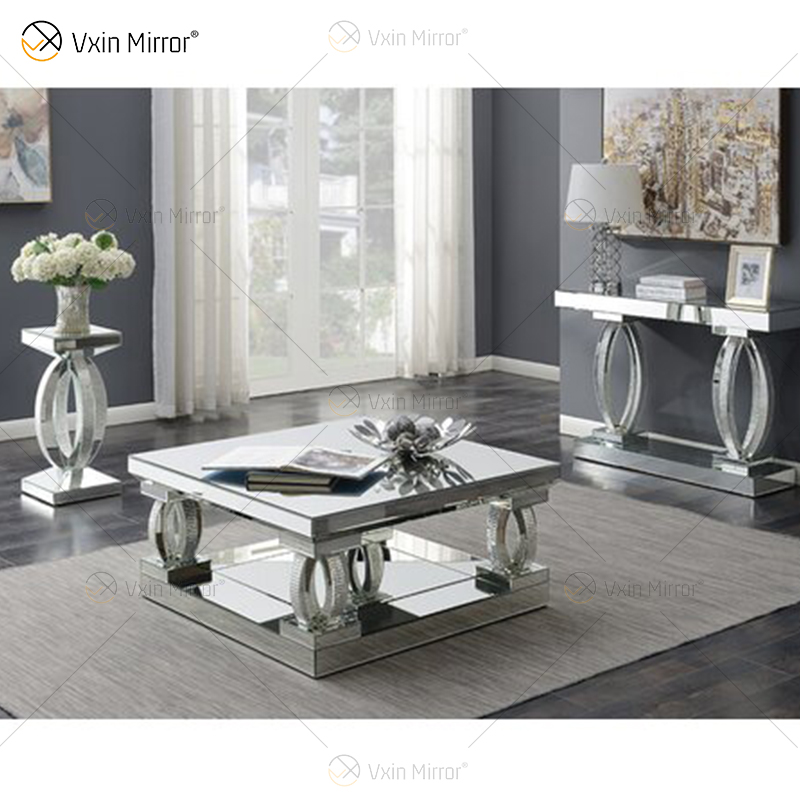 Mesa auxiliar personalizada WXF-1104 Mesa de centro con espejo de plata hecha en casa con cristal