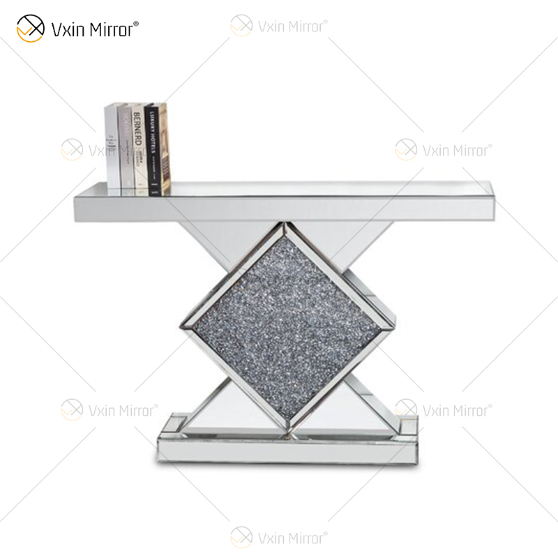 Venta al por mayor, mesa de consola con espejo, consola de mesa de entrada de pasillo de cristal de diamante triturado