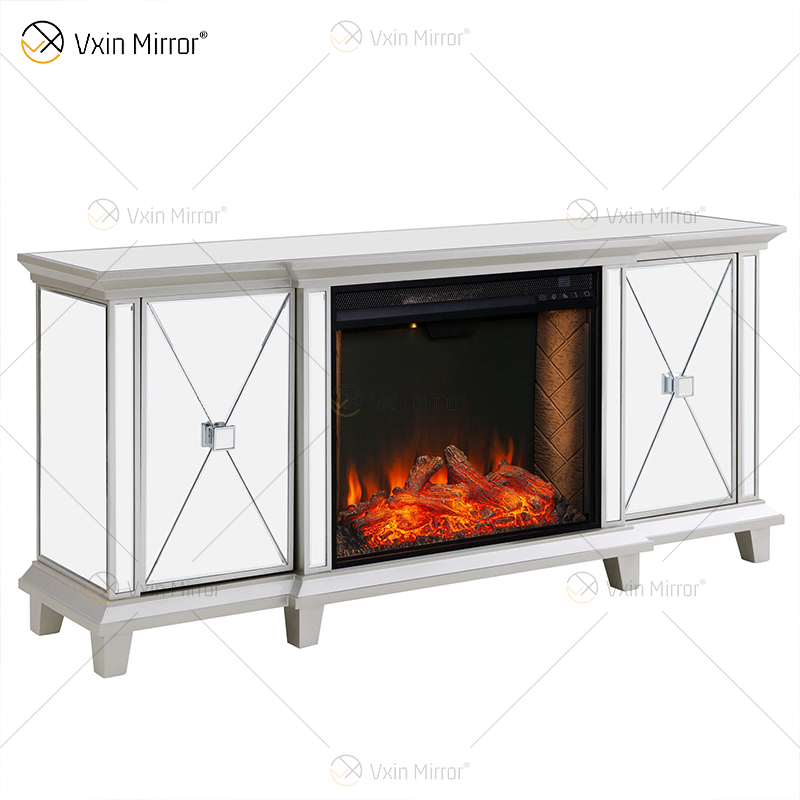 Muebles de Berlín adornados WXF-415 champán plata espejo chimenea soportes de TV gabinete con inserto de viento caliente 2 tipos