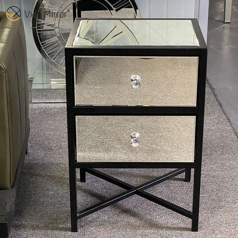 Mesita de noche de muebles de hierro forjado de vidrio plateado moderno de vanidad con 2 cajones mesita de noche con espejo para dormitorio