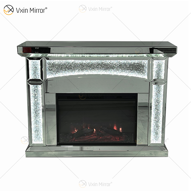 Nuevo diseño WXMF026-1 LED plata cristal sala de estar espejo chimenea con inserto interior
