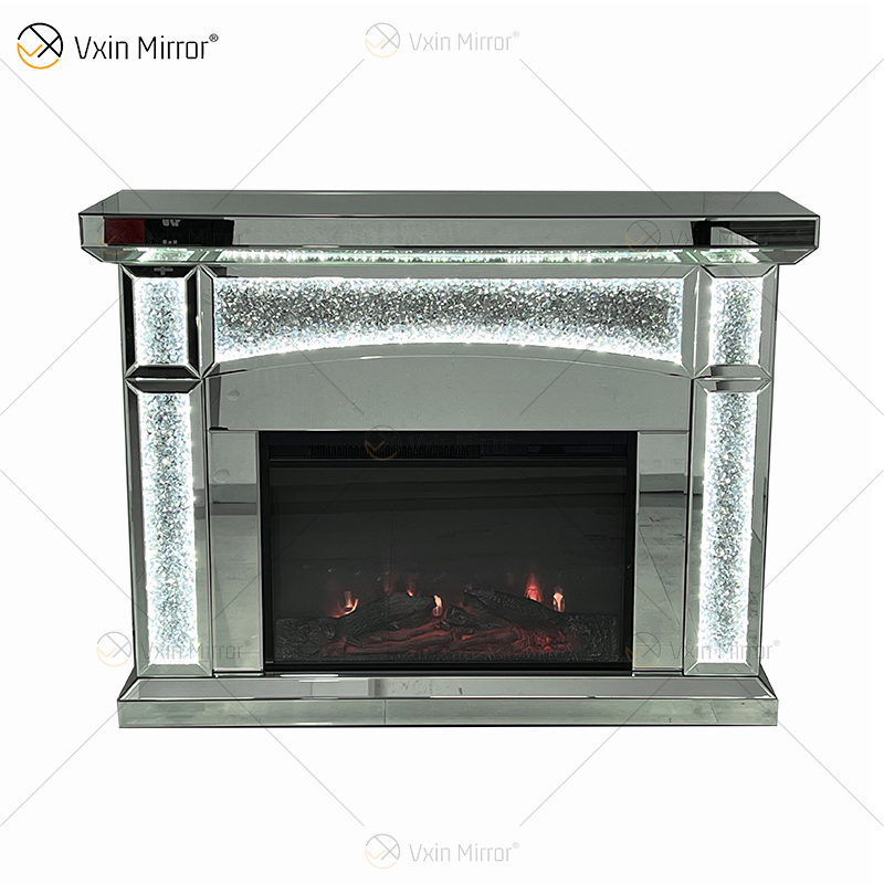 Nuevo diseño WXMF026-1 LED plata cristal sala de estar espejo chimenea con inserto interior
