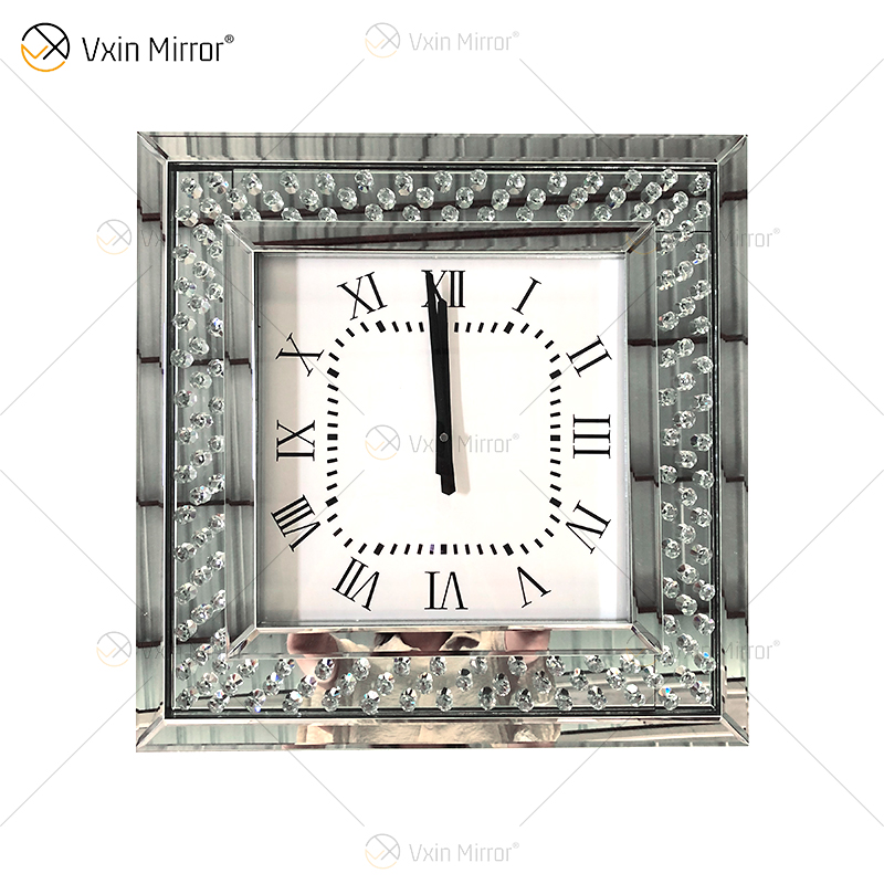 Barato WXMC-003 reloj espejo moderno reloj de pared de espejo de diamante machacado decorativo plateado