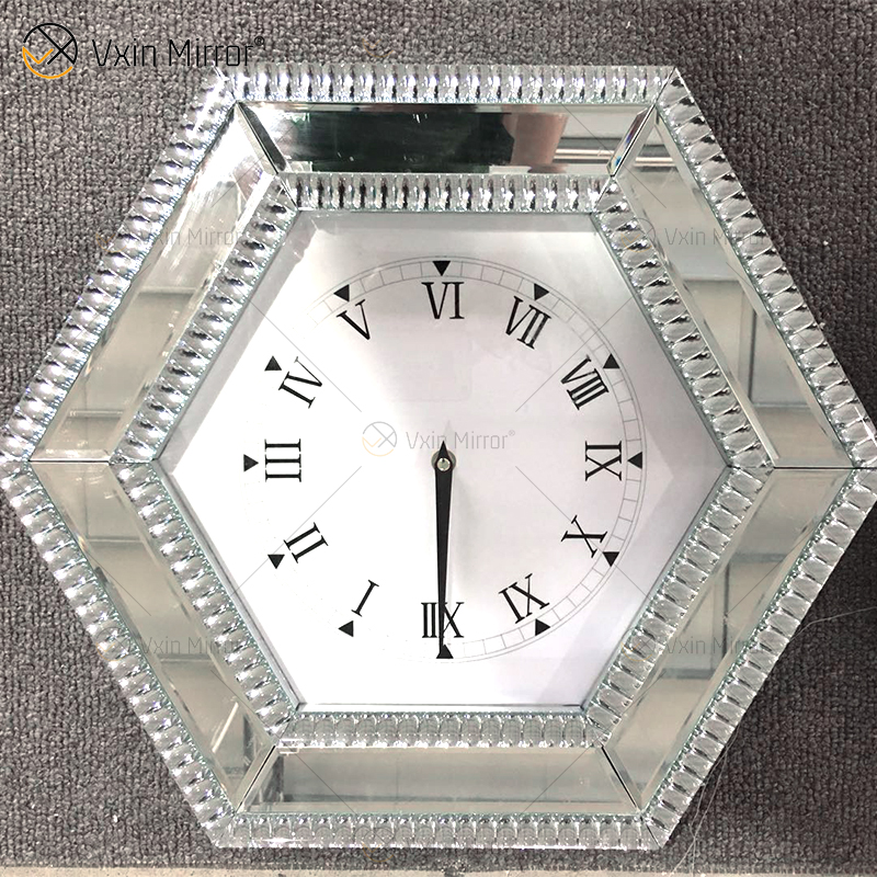 Gran oferta, reloj con espejo moderno, reloj con espejo hexagonal plateado, decoración de diamantes triturados, reloj de pared con espejo