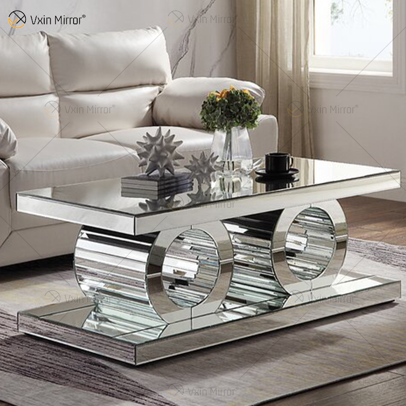 Vxin 3D Sparkling Simple Modern Glass Coffee Table Geometry Mirrored Coffee Table Silver Covered para sala de estar