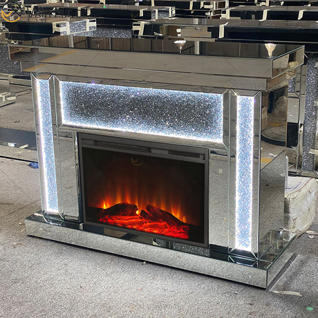 Chimenea de espejo de sala de estar de cristal plateado LED multicolor con inserto interior