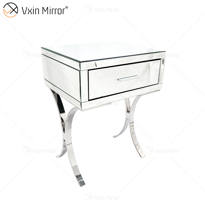 Vanity Modern WXF-218 Muebles de dormitorio plateados Mesita de noche con espejo de cristal con cajón Mesita de noche moderna