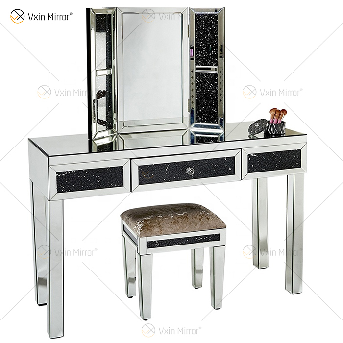 Tocador de plata de diamante triturado moderno de suministro de China con taburete 2 cajones con espejo de cuerpo entero