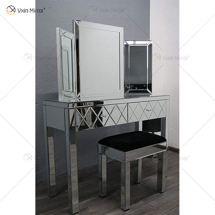 Tocador de plata de diamante triturado moderno de suministro de China con taburete 2 cajones con espejo de cuerpo entero