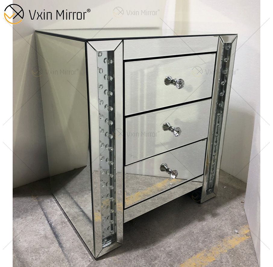 Vxin Crystal Decor WXF-274 Silver Tallboy Crystal Mirror Mesita de noche con 3 cajones Espejo Mesita de noche