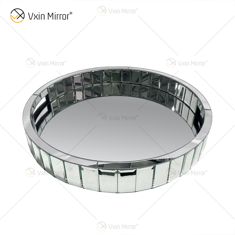 Espejo de mosaico de plata redondo, organizador de tocador, bandeja de espejo decorativa, bandeja de joyería de marcado de tocador, bandeja de plata para decoración del hogar WXMT-18