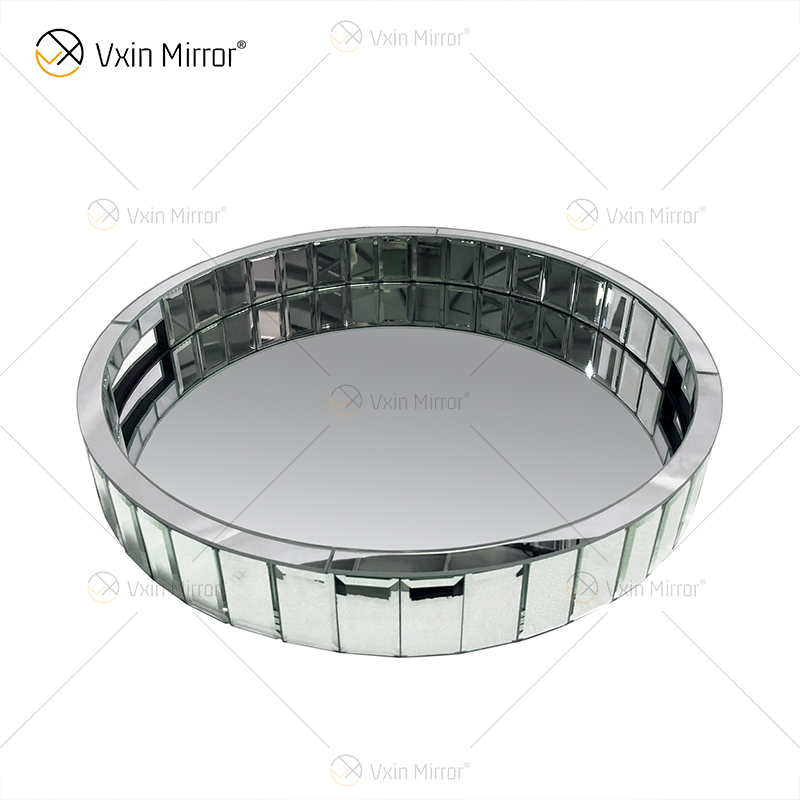 Espejo de mosaico de plata redondo, organizador de tocador, bandeja de espejo decorativa, bandeja de joyería de marcado de tocador, bandeja de plata para decoración del hogar WXMT-18