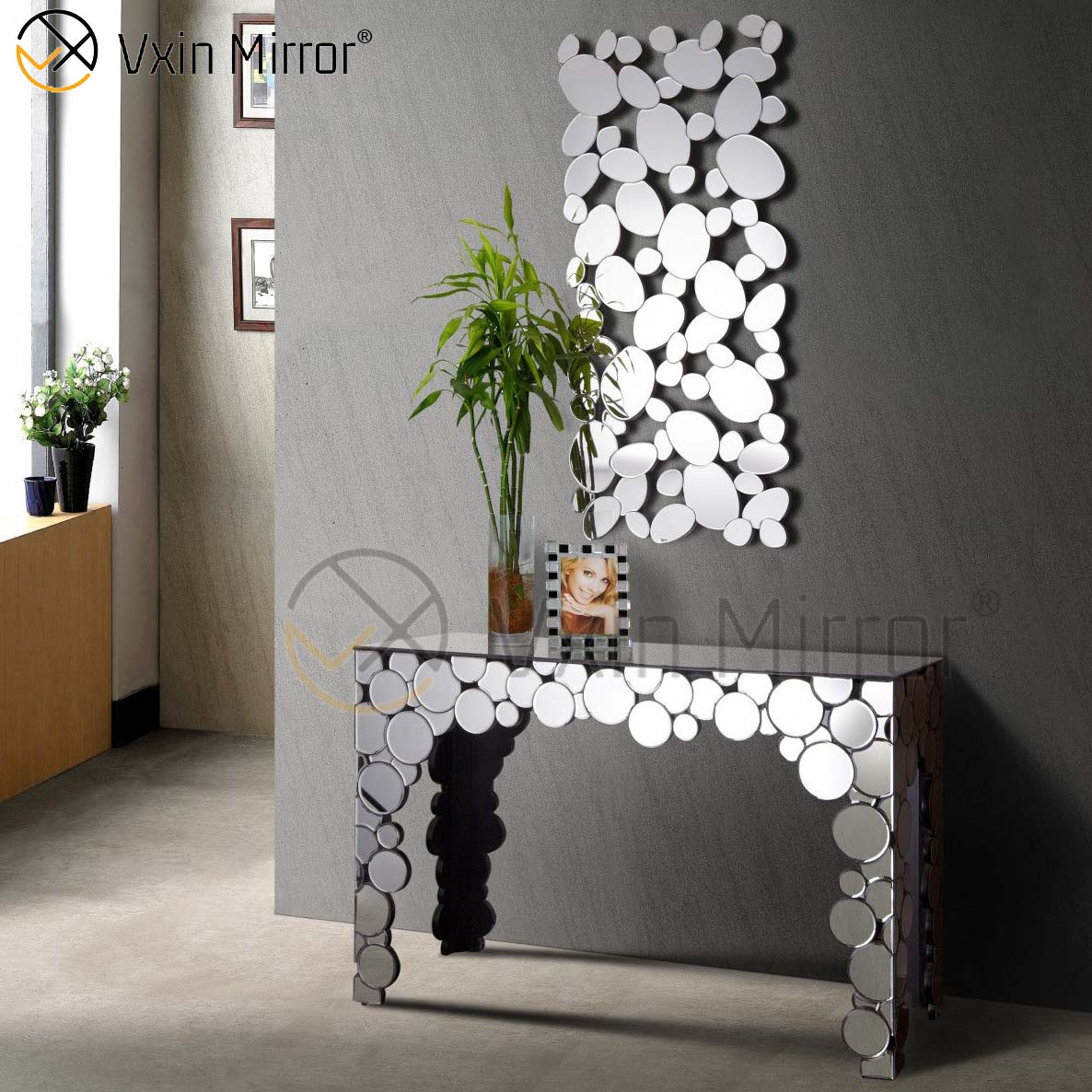 Tamaño personalizado Vxin espejo moderno 3D plata elegante consola de madera con espejo para muebles de sala de estar