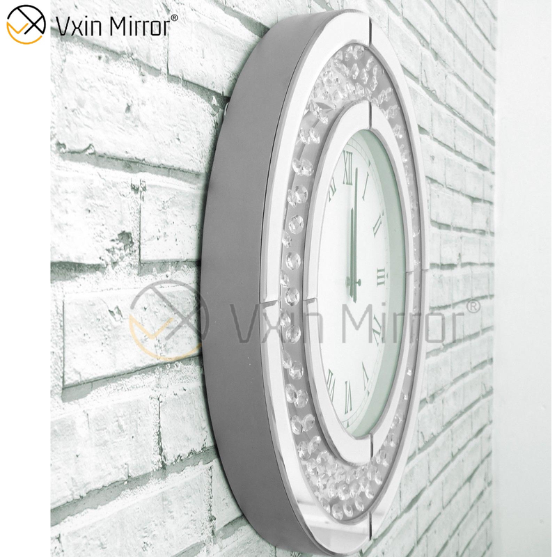 Redondo Grande Brillante Diamante triturado Biselado 50 cm Cristal flotante Reloj de pared con espejo plateado WXC-009