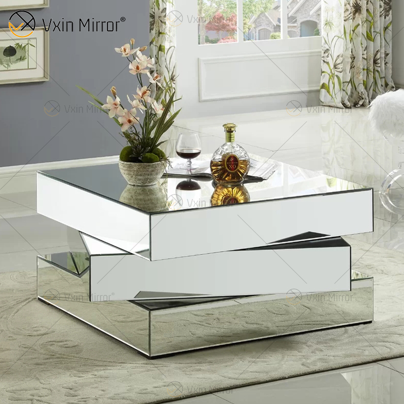 Vxin WXF-2138 Mesa de centro con espejo de geometría de diamante triturado brillante en 3D plateada cubierta con diamantes