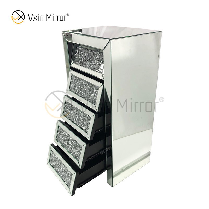 Vxin Mirror Silver Crushed WXWF-707 Diamon Nightstand Bevel Mesita de noche con 5 cajones Mesita de noche con espejo