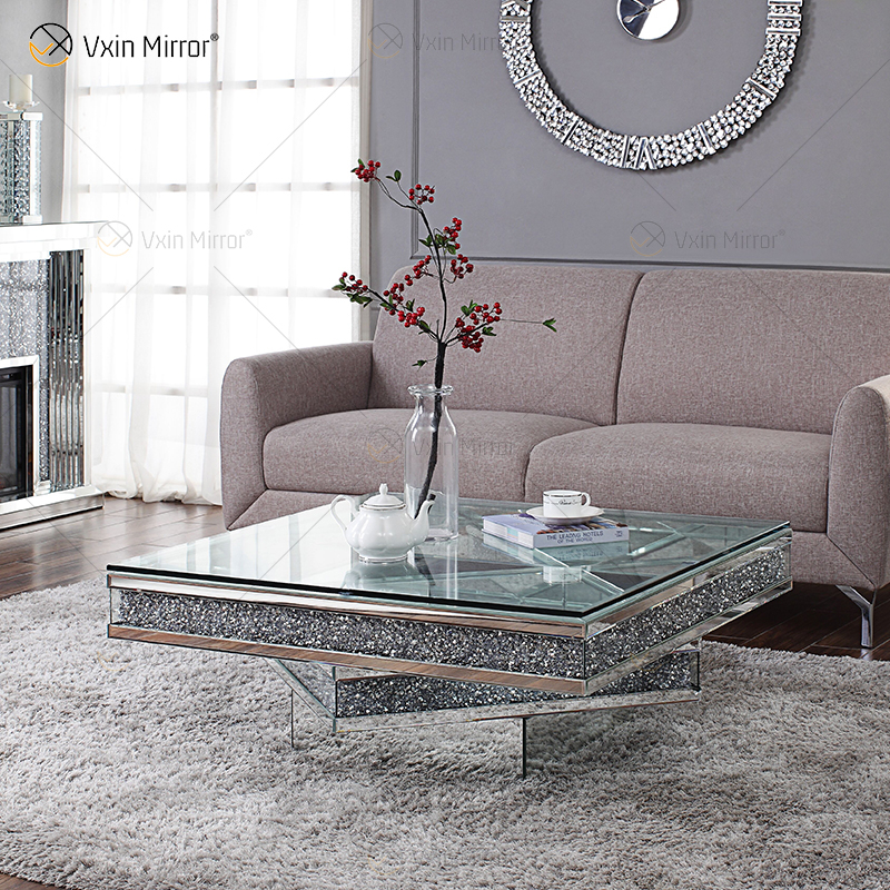 Vxin WXF-158 Mesa de centro con espejo cuadrado de diamante triturado brillante en 3D Mesa de vidrio templado plateado