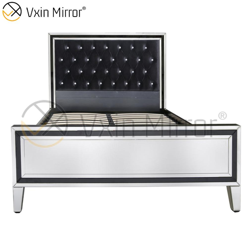 Muebles con espejo Vxin WXWF-1081 Marco negro Espejo de cama King con espejo de vidrio plateado Cama con espejo