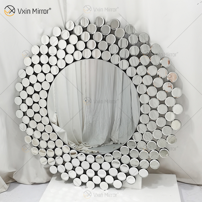 Espejo de cristal de pared decorativo de tamaño completo con forma geométrica WXM-2239 de plata redonda moderna y sencilla